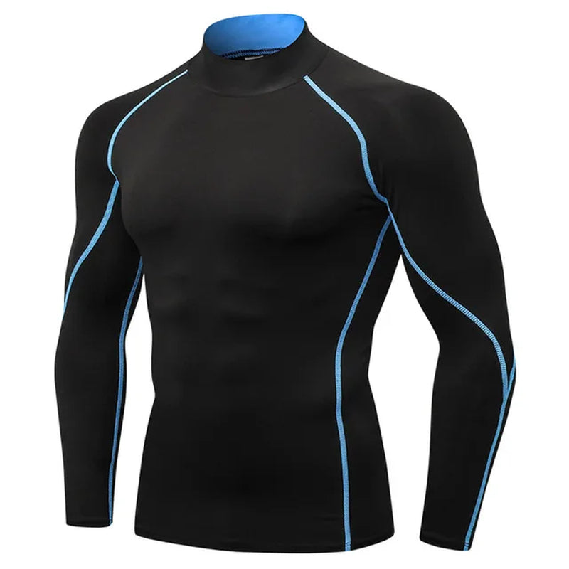NEW Compression Running Shirt Men Stand Collar Elasticity T-Shirts Raglan Long Sleeve Fitness Tops Quick Drying Gym Sportswear