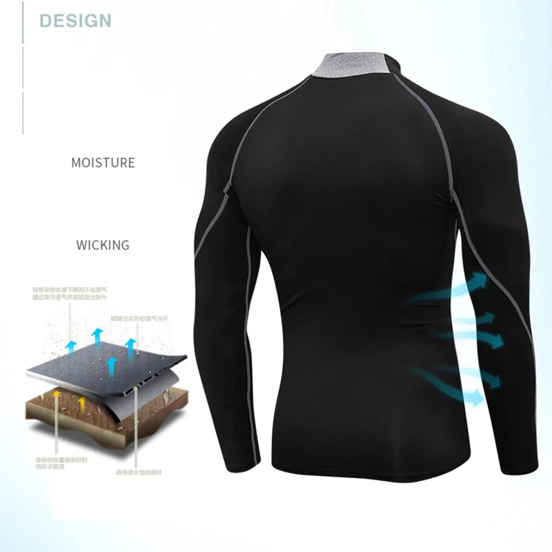 NEW Compression Running Shirt Men Stand Collar Elasticity T-Shirts Raglan Long Sleeve Fitness Tops Quick Drying Gym Sportswear
