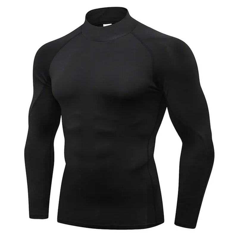 NEW Compression Running Shirt Men Stand Collar Elasticity T-Shirts Raglan Long Sleeve Fitness Tops Quick Drying Gym Sportswear