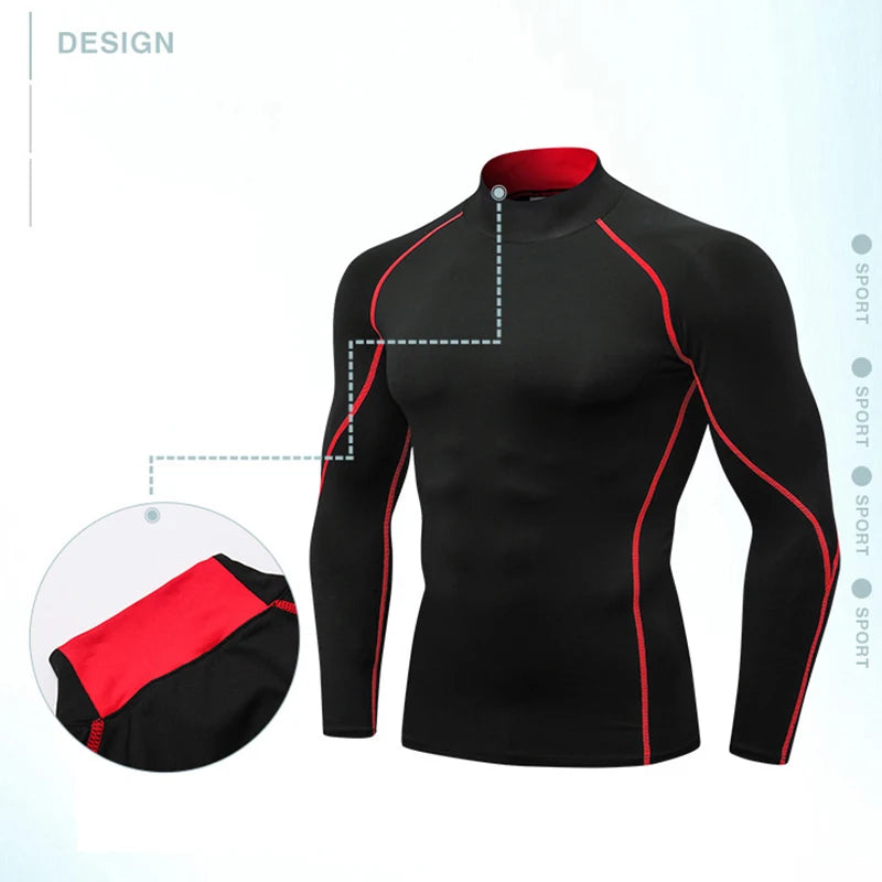 NEW Compression Running Shirt Men Stand Collar Elasticity T-Shirts Raglan Long Sleeve Fitness Tops Quick Drying Gym Sportswear