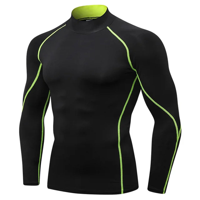 NEW Compression Running Shirt Men Stand Collar Elasticity T-Shirts Raglan Long Sleeve Fitness Tops Quick Drying Gym Sportswear