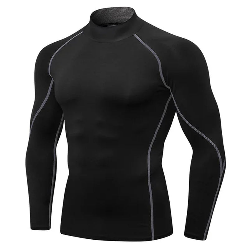 NEW Compression Running Shirt Men Stand Collar Elasticity T-Shirts Raglan Long Sleeve Fitness Tops Quick Drying Gym Sportswear