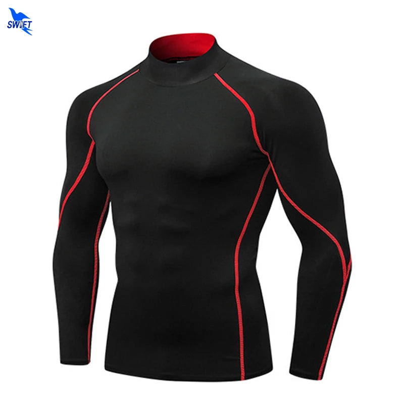 NEW Compression Running Shirt Men Stand Collar Elasticity T-Shirts Raglan Long Sleeve Fitness Tops Quick Drying Gym Sportswear
